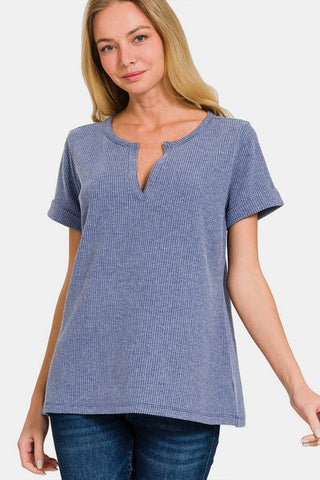 Shop DENIM Zenana Notched Short Sleeve Waffle T-Shirt - High-Quality U.S. Made Women’s Fashion with Free & Fast Shipping