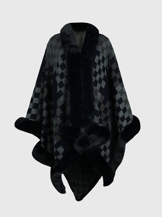 Shop Charcoal One Size Checkered Faux Fur Trim Poncho - High-Quality U.S. Made Women’s Fashion with Free & Fast Shipping