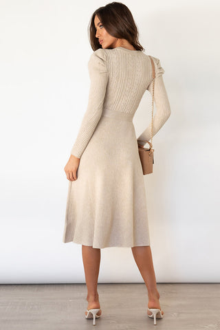 Shop Round Neck Long Sleeve Tie Waist Sweater Dress - High-Quality U.S. Made Women’s Fashion with Free Fast Shipping