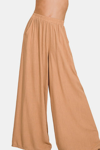 Shop Zenana Pleated Linen Blend Wide Leg Pants - High-Quality U.S. Made Women’s Fashion with Free & Fast Shipping