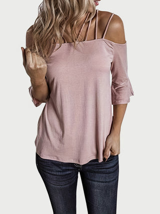 Shop Full Size Cold Shoulder Three-Quarter Sleeve Blouse - High-Quality U.S. Made Women’s Fashion with Free Fast Shipping