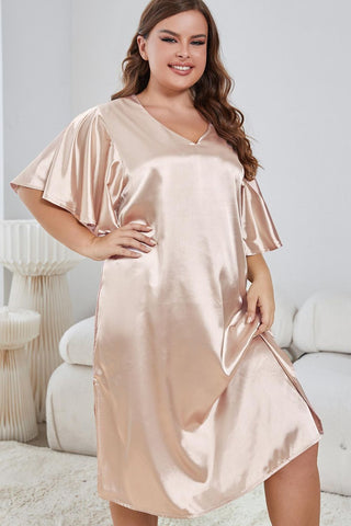 Shop Plus Size Flutter Sleeve V-Neck Side Slit Night Gown - High-Quality U.S. Made Women’s Fashion with Free Fast Shipping