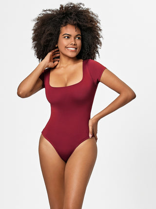 Shop Deep Red Full Size Square Neck Short Sleeve Bodysuit - High-Quality U.S. Made Women’s Fashion with Free & Fast Shipping