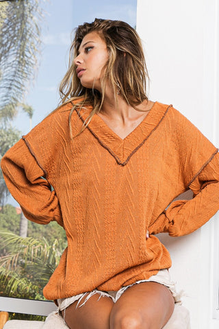 Shop BiBi Textured Exposed Seam Drop Shoulder Knit Top - High-Quality U.S. Made Women’s Fashion with Free & Fast Shipping