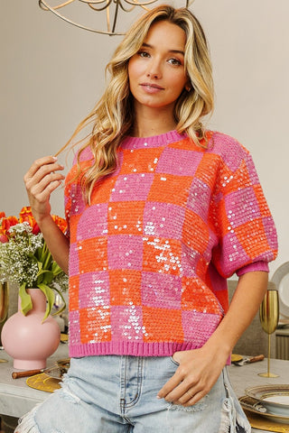 Shop BiBi Checkered Short Sleeve Sequin Sweater - High-Quality U.S. Made Women’s Fashion with Free & Fast Shipping