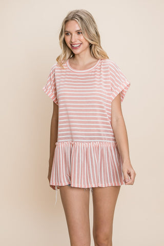 Shop Coral Cotton Bleu by Nu Label Striped Ruffled Short Sleeve Top - High-Quality U.S. Made Women’s Fashion with Free & Fast Shipping