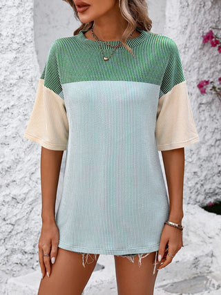 Shop Mandy Color Block Round Neck Half Sleeve T-Shirt - High-Quality U.S. Made Women’s Fashion with Free & Fast Shipping