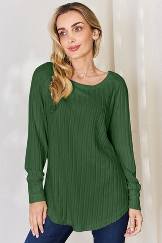 Shop Green Basic Bae Full Size Ribbed Round Neck Slit T-Shirt - High-Quality U.S. Made Women’s Fashion with Free & Fast Shipping