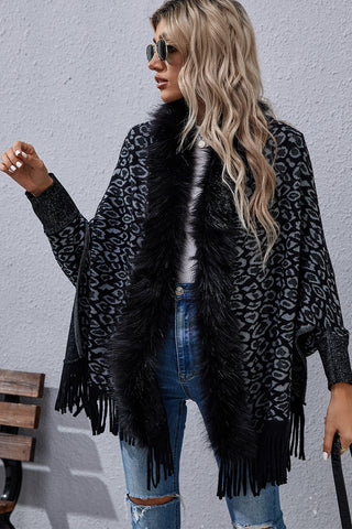 Shop Black Leopard Fringe Detail Poncho - High-Quality U.S. Made Women’s Fashion with Free & Fast Shipping