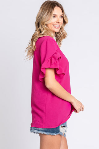 Shop GeeGee V-Neck Ruffle Trim Short Sleeve Blouse - High-Quality U.S. Made Women’s Fashion with Free & Fast Shipping