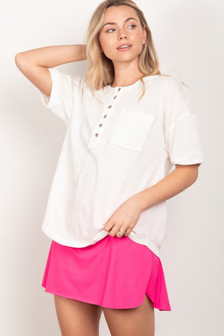 Shop White VERY J Twisted Sleeve Band Half Button Top - High-Quality U.S. Made Women’s Fashion with Free & Fast Shipping