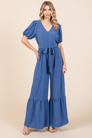 Shop Denim Blue GeeGee Full Size V-Neck Belted Wide Leg Jumpsuit - High-Quality U.S. Made Women’s Fashion with Free & Fast Shipping