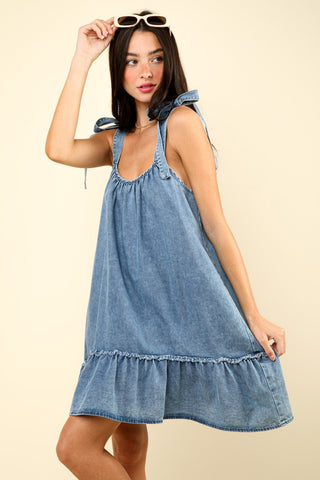 Shop VERY J Shoulder Tie Washed Denim Mini Dress - High-Quality U.S. Made Women’s Fashion with Free Fast Shipping