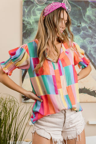 Shop BiBi Color Block Smocked Short Sleeve Blouse - High-Quality U.S. Made Women’s Fashion with Free & Fast Shipping