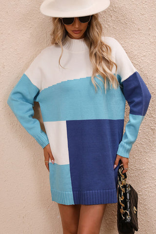 Shop Color Block Mock Neck Dropped Shoulder Sweater Dress - High-Quality U.S. Made Women’s Fashion with Free Fast Shipping