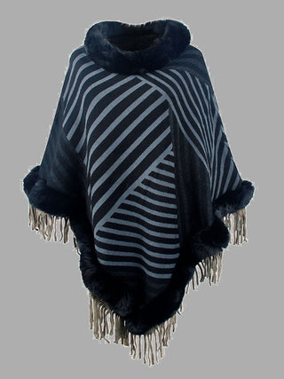 Shop Striped Fringe Hem Poncho - High-Quality U.S. Made Women’s Fashion with Free Fast Shipping