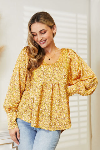 Shop Gold HEYSON Full Size V-Neck Floral Satin Top - High-Quality U.S. Made Women’s Fashion with Free & Fast Shipping