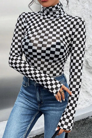 Shop Black Checkered Turtleneck Long Sleeve Bodysuit - High-Quality U.S. Made Women’s Fashion with Free & Fast Shipping