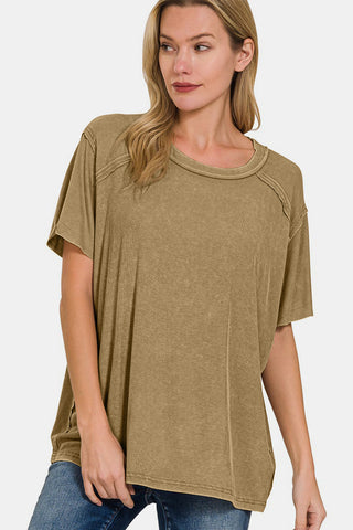 Shop Zenana Washed Ribbed Short Sleeve Top - High-Quality U.S. Made Women’s Fashion with Free & Fast Shipping