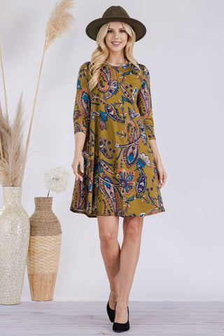 Shop Olive Paisley Celeste Full Size Paisley Print Round Neck Dress with Pockets - High-Quality U.S. Made Women’s Fashion with Free & Fast Shipping