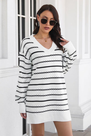 Shop Striped V-Neck Sweater Dress - High-Quality U.S. Made Women’s Fashion with Free & Fast Shipping