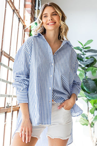 Shop First Love Striped Button Down High-Low Hem Shirt - High-Quality U.S. Made Women’s Fashion with Free & Fast Shipping