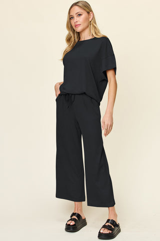 Shop Double Take Full Size Texture Round Neck Short Sleeve T-Shirt and Wide Leg Pants - High-Quality U.S. Made Women’s Fashion with Free Fast Shipping