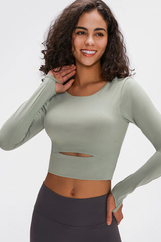 Shop Green Millennia Long Sleeve Cropped Top With Sports Strap - High-Quality U.S. Made Women’s Fashion with Free & Fast Shipping