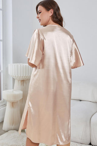 Shop Plus Size Flutter Sleeve V-Neck Side Slit Night Gown - High-Quality U.S. Made Women’s Fashion with Free Fast Shipping