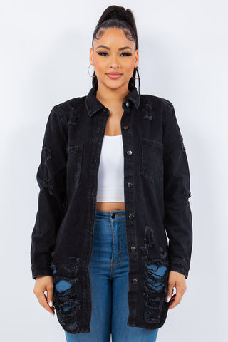 Shop Black American Bazi Distressed Button Up Long Sleeve Denim Jacket - High-Quality U.S. Made Women’s Fashion with Free & Fast Shipping