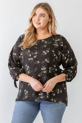 Shop Black Zenobia Plus Size Floral Round Neck Blouse - High-Quality U.S. Made Women’s Fashion with Free & Fast Shipping