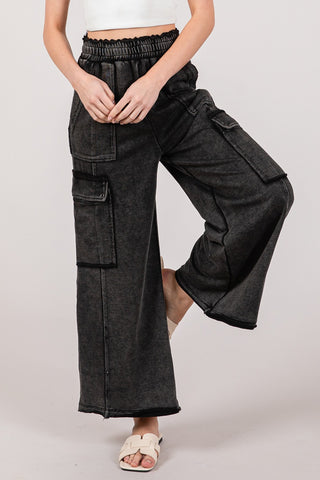 Shop SAGE + FIG Knit Terry Mineral Wash Wide Leg Pants - High-Quality U.S. Made Women’s Fashion with Free & Fast Shipping