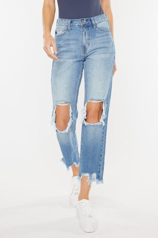 Shop Kancan High Waist Chewed Up Straight Mom Jeans - High-Quality U.S. Made Women’s Fashion with Free & Fast Shipping