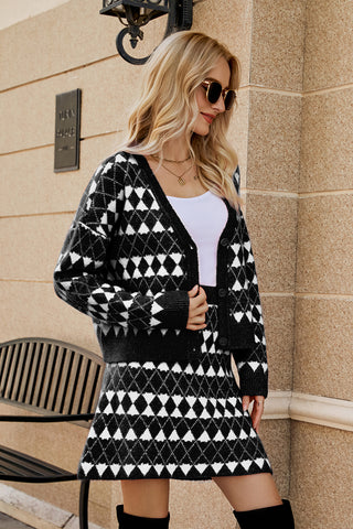 Shop Geometric Button Front Cardigan and Skirt Set - High-Quality U.S. Made Women’s Fashion with Free Fast Shipping