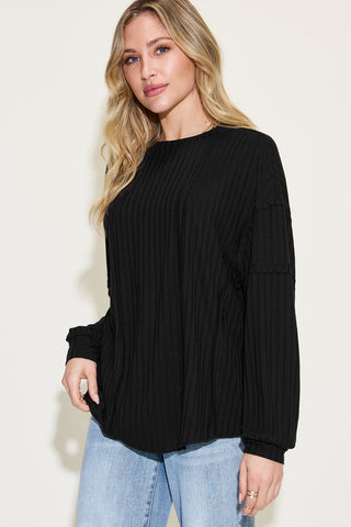 Shop Basic Bae Full Size Ribbed Round Neck Long Sleeve T-Shirt - High-Quality U.S. Made Women’s Fashion with Free & Fast Shipping