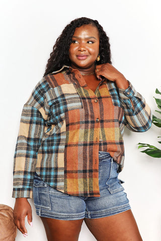 Shop Double Take Plaid Curved Hem Shirt Jacket with Breast Pockets - High-Quality U.S. Made Women’s Fashion with Free & Fast Shipping