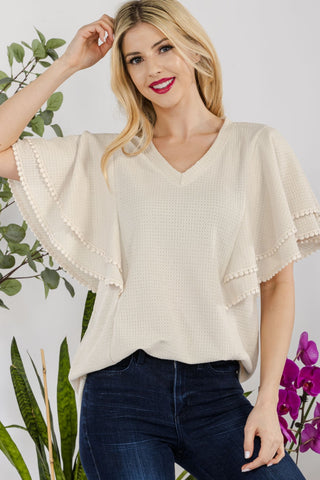 Shop BEIGE Celeste Full Size V-Neck Lace Trim Flutter Sleeve Top - High-Quality U.S. Made Women’s Fashion with Free & Fast Shipping