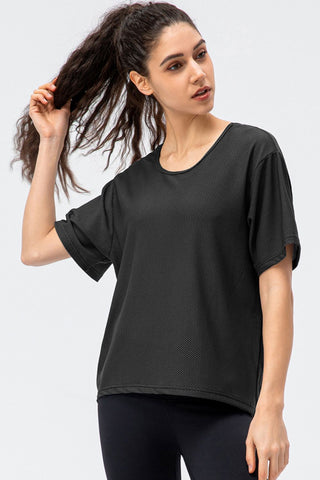 Shop Black Round Neck Short Sleeve Active Tee - High-Quality U.S. Made Women’s Fashion with Free & Fast Shipping