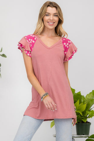 Shop Cinnamon Celeste Full Size Floral Contrast Short Sleeve Top - High-Quality U.S. Made Women’s Fashion with Free & Fast Shipping