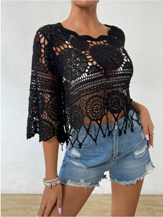 Shop Openwork Round Neck Cover-Up - High-Quality U.S. Made Women’s Fashion with Free Fast Shipping