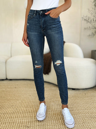 Shop Judy Blue Full Size Mid Waist Distressed Slim Jeans - High-Quality U.S. Made Women’s Fashion with Free & Fast Shipping