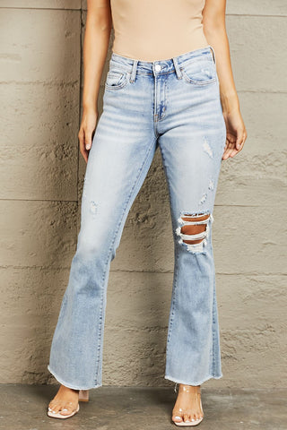 Shop Light BAYEAS Mid Rise Distressed Flare Jeans - High-Quality U.S. Made Women’s Fashion with Free & Fast Shipping