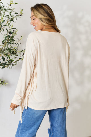 Shop Celeste Full Size Fringe Detail Long Sleeve Blouse - High-Quality U.S. Made Women’s Fashion with Free & Fast Shipping