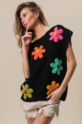 Shop BiBi Flower Round Neck Cap Sleeve Knit Top - High-Quality U.S. Made Women’s Fashion with Free & Fast Shipping