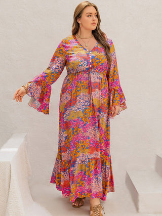 Shop Plus Size Printed V-Neck Long Sleeve Maxi Dress - High-Quality U.S. Made Women’s Fashion with Free & Fast Shipping