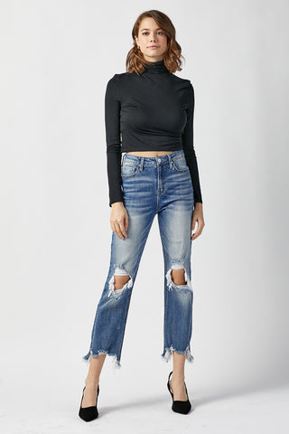 Shop RISEN High Waist Distressed Frayed Hem Cropped Straight Jeans - High-Quality U.S. Made Women’s Fashion with Free & Fast Shipping