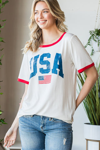 Shop OFFWHITE Heimish Full Size USA Contrast Trim Short Sleeve T-Shirt - High-Quality U.S. Made Women’s Fashion with Free & Fast Shipping