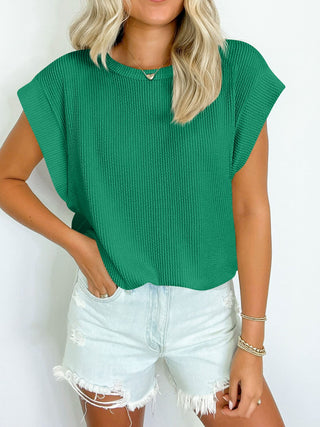 Shop Green Lovelet Textured Round Neck Cap Sleeve Blouse - High-Quality U.S. Made Women’s Fashion with Free & Fast Shipping