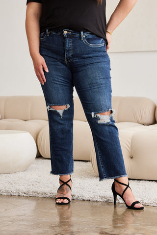 Shop RFM Crop Dylan Full Size Tummy Control Distressed High Waist Raw Hem Jeans - High-Quality U.S. Made Women’s Fashion with Free Fast Shipping