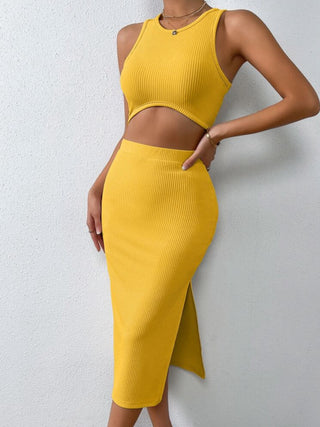 Shop Ribbed Round Neck Tank and Slit Skirt Sweater Set - High-Quality U.S. Made Women’s Fashion with Free Fast Shipping